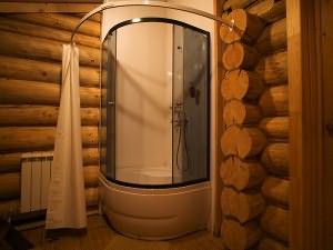 Современная душевая кабинка в деревянной бане