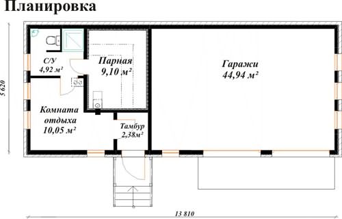 План постройки, в которой баня и гараж находятся на первом этаже, а жилые комнаты – на втором.