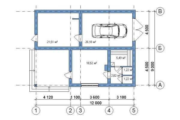 На фото показан пример планировки помещений бани, объединенной с гаражом.