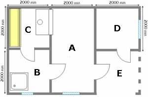 План такого сооружения «баня – сарай» в один этаж довольно прост, что допускает некоторые отклонения в размерах и даже организацию на входе крыльца (см. описание в тексте)