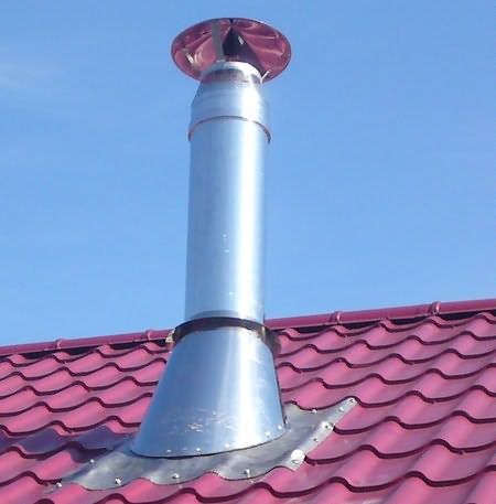 Самый удобный вариант вывода трубы через крышу - недалеко от конька
