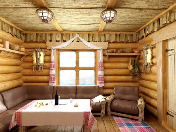 дизайн комнаты отдыха в бане в русском стиле