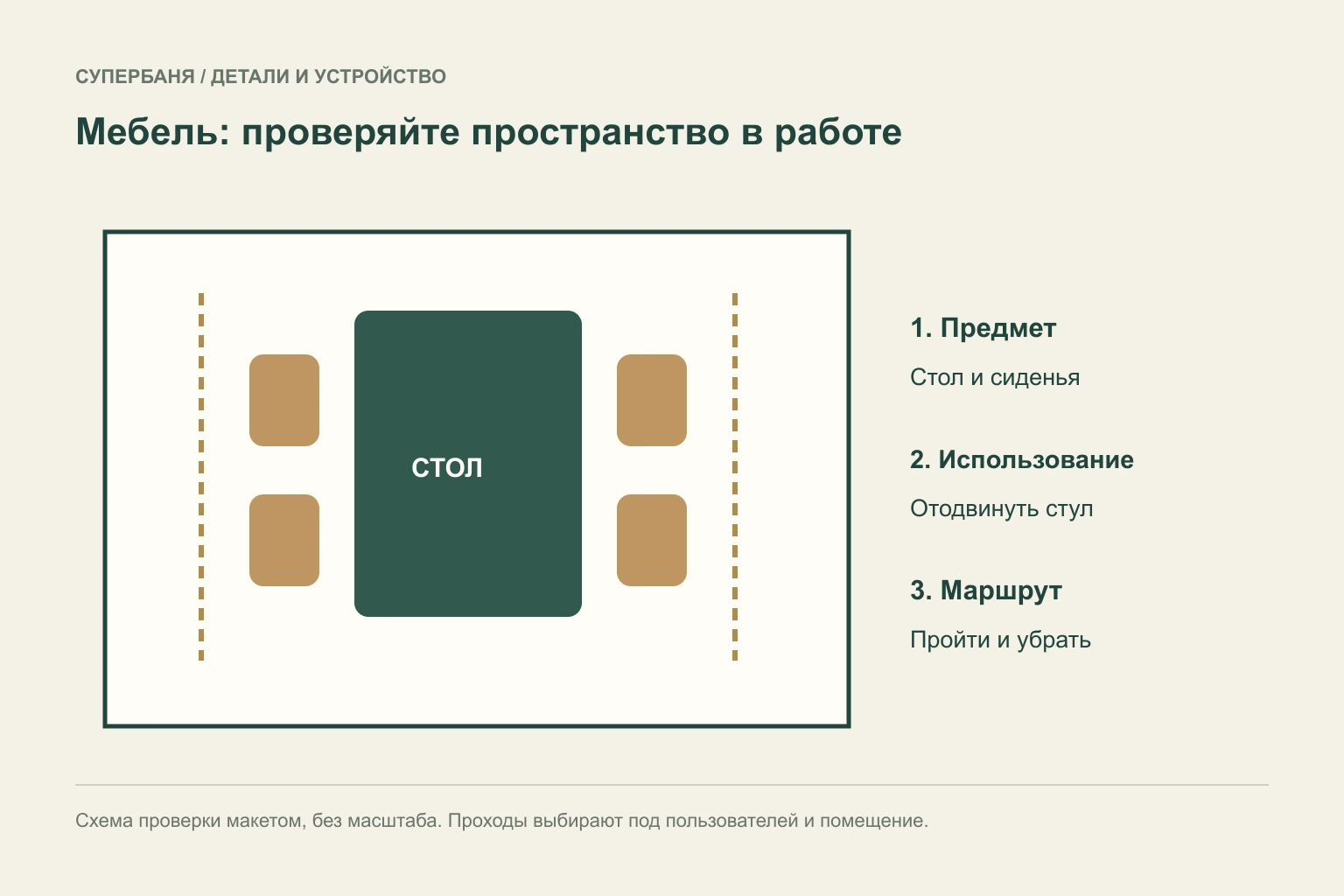 Схема макета комнаты: стол, сиденья и пространство для использования и прохода