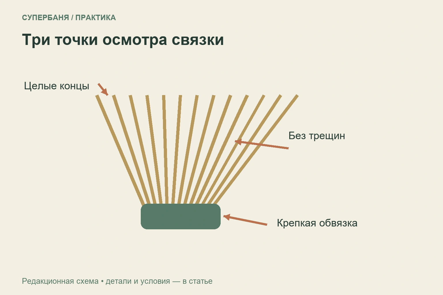 Схема осмотра бамбуковой связки: концы прутьев, целостность поверхности и обвязка