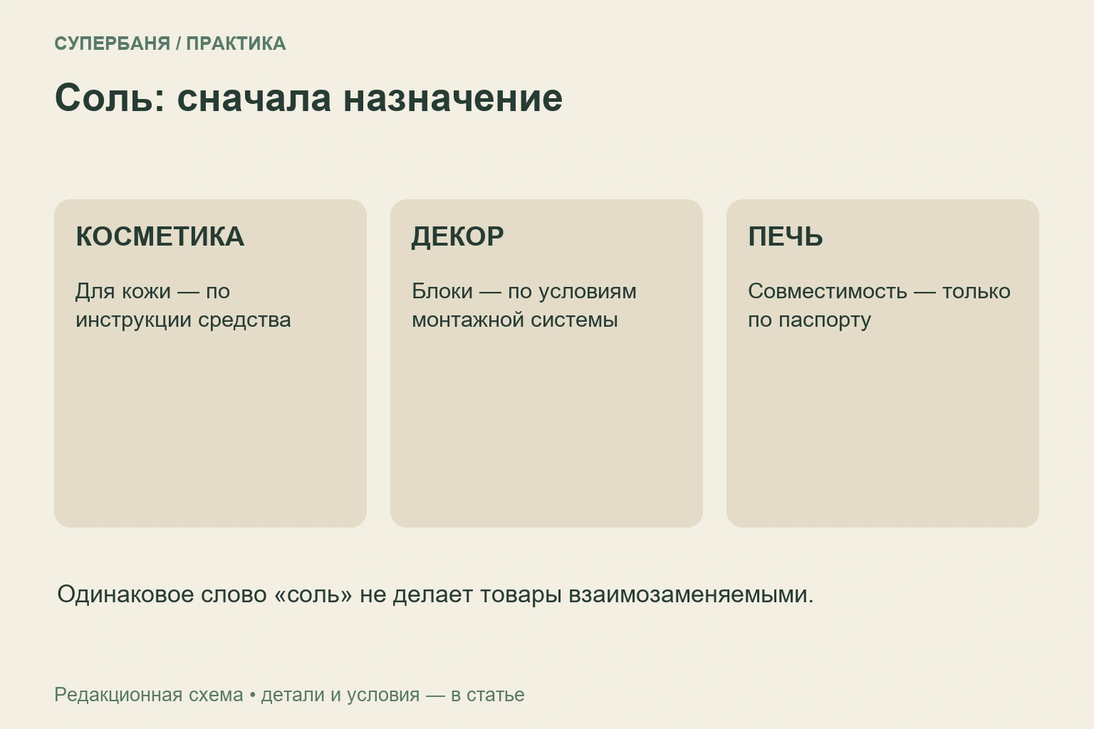 Три разных назначения соли: косметическое средство, декоративный блок и совместимость с оборудованием