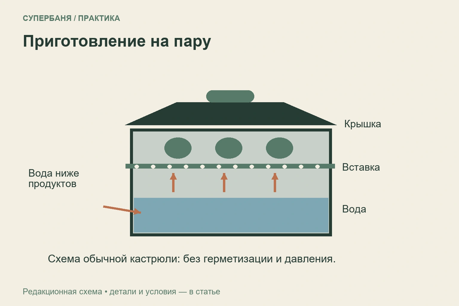 Разрез кастрюли с паровой вставкой: продукты выше воды, пар поднимается через отверстия